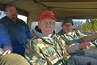 Back seat, Russell Leite. In front, L-R: Manuel Leite, Parade Marshall, 95, WWII Veteran. Driving: Jim Leal, Korean War Veteran.